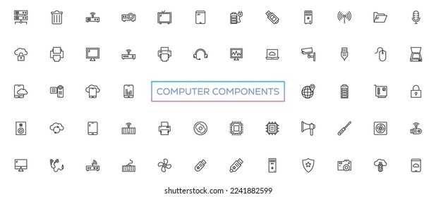 Vector icons of computer components. Editable Stroke. Parts of a PC, such as RAM memory, hdd ssd cpu processor. Keyboard mouse headphone speakers, laptop monitor server. Webcam printer scanner