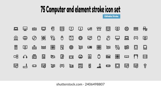 Vector icons of computer components. Editable Stroke. Parts of a PC, such as RAM memory, hdd ssd cpu processor. Keyboard mouse headphone speakers, 