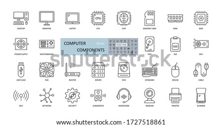 Vector icons of computer components. Editable Stroke. Parts of a PC, such as RAM memory, hdd ssd cpu processor. Keyboard mouse headphone speakers, laptop monitor server. Webcam printer scanner