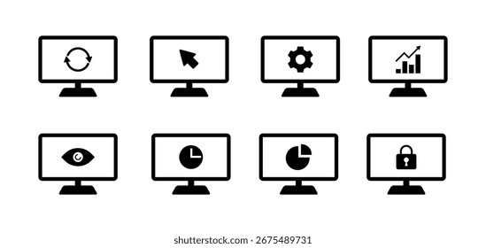 Vector icons computer, monitor, screen. Monitor settings, screen lock, information viewing
