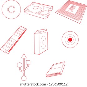 iconos vectoriales de piezas de equipo, como: cd, hd, disco duro, procesador, memoria, tarjeta flash, símbolo usb