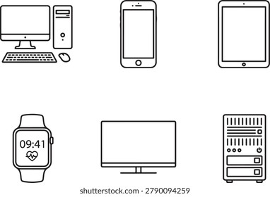 Vector icons of computer, smartphone, tablet, smartwatch, monitor, and server on white background, ideal for tech and digital concepts