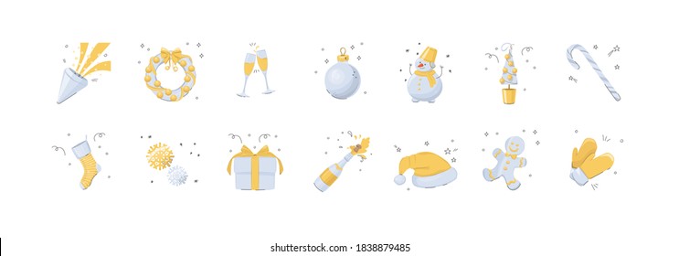 Vector icons, concept of new year and christmas. Gold and silver color, stylized flat style. Snowman, champagne, glasses, gift box, sock