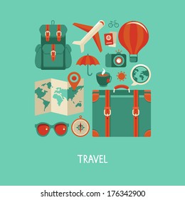 Vector icons and concepts in flat style - travel and vacation, Trendy banners and signs - summer and journey