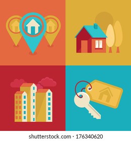 Vector icons and concepts in flat trendy style - houses illustrations and banners for real estate agencies