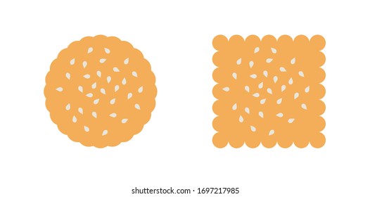 Vector icons of cookies with sesame seeds. Set of flat illustrations of round and square crackers with cereals isolated on a white background.