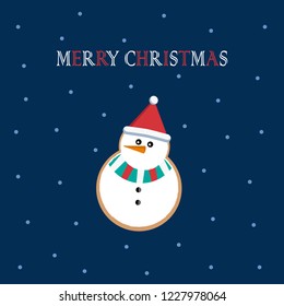 Vector icons of cookies in the shape of a cute snowman, isolated on a blue background. Greeting card.