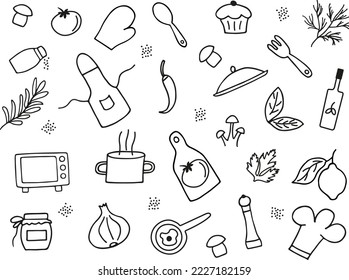 Iconos vectores "cocinando" en un fondo transparente. Estilo Doodle, dibujado a mano, contorno lineal negro. Idea para el diseño de toallas de cocina, papel envolvente