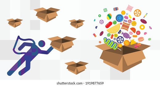 vector icons of courier carrying box candies for candy shop or sweet bar delivery system