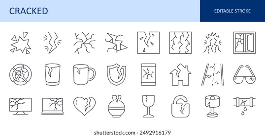 Vector icons cracked glass, dishware. Broken display smartphone, laptop, TV. Crack in the ground, asphalt, water pipe. Damaged house, window, lock, vase, lamp, glasses. Editable stroke thin line set