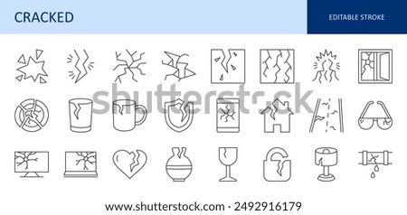 Vector icons cracked glass, dishware. Broken display smartphone, laptop, TV. Crack in the ground, asphalt, water pipe. Damaged house, window, lock, vase, lamp, glasses. Editable stroke thin line set