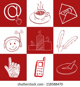 Vector icons. Cup of coffee, letter, cursor, pen, headphones, pedestal, old phone.