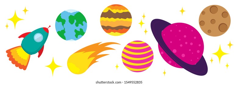 Vector icons of cute rocket ship and planets. Colored cartoon of space icons isolated. Rocket and planets in flat design. Set of cartoon space elements