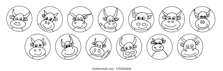 Vector icons with cute smiling bulls and cows. Hand drawn outline 
cartoon icons set. black and white New Year 2021 animals in circles.