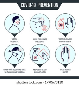 Vector icons of dashed lines with practical tips for preventing infection with the covid19 corona virus