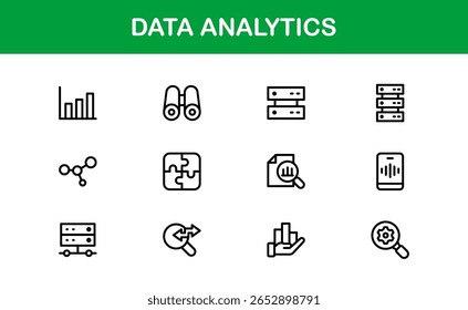 Vector Icons for Data Analytics Including Graphs, Statistics, Insights, Dashboards, and Analysis Tools