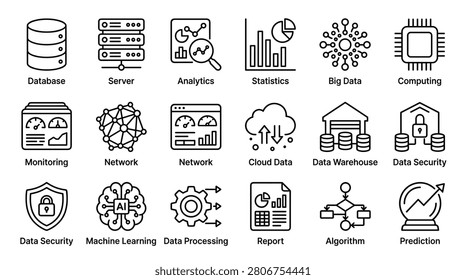 Vector icons for data processing and computing including warehouse storage network nodes prediction charts and artificial intelligence brain. Line symbols for system monitoring analytics dashboards and data security shields designed for information technology and science.