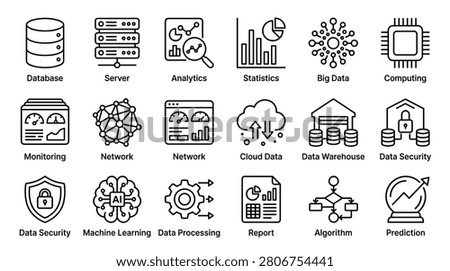 Vector icons for data processing and computing including warehouse storage network nodes prediction charts and artificial intelligence brain. Line symbols for system monitoring analytics dashboards and data security shields designed for information technology and science.