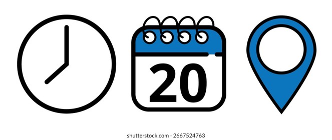Vektorsymbole von Datum, Uhrzeit und Ort des Ereignisses in blauer Farbe für Websites und grafische Ressourcen, ein Kalenderplan mit einem bestimmten Tag markiert, Tag 20.