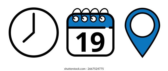 Ícones vetoriais de data, hora e local do evento em azul para sites e recursos gráficos, é um plano de calendário com dia específico marcado, dia 19.