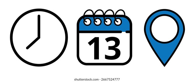Vector icons of date, time and location of event in blue color for websites and graphic resources, isone calendar plan with specific day marked, day 13.