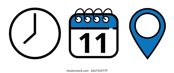 Vector icons of date, time and location of event in blue color for websites and graphic resources, isone calendar plan with specific day marked, day 11.