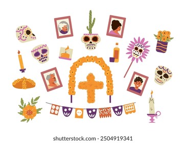 Vector icons for the Day of Death: portraits of the dead, skulls, marigold flower decorations, candle, garland, cross and more on a white background