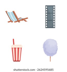 Vector icons of a deck chair, film strip, soda cup, and cotton candy