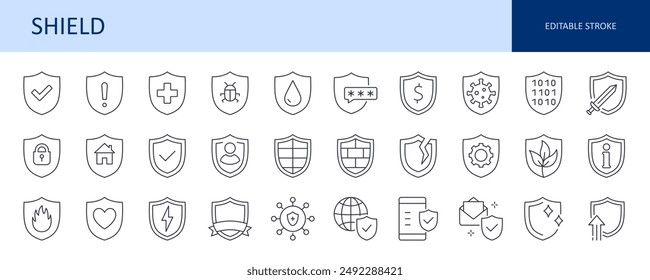 Vector icons defense shield. Protective symbol, safety and security of home, plants, mail from viruses and different troubles. Medieval shield and sword, coat of arms. Editable stroke black line set.
