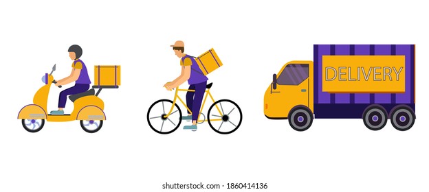 vector icons with delivery men riding bike and scooter near truck with delivery lettering on white