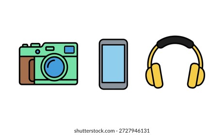 Vektorsymbole zeigen eine grüne Kamera mit blauem Objektiv, ein rechteckiges Telefon mit blauem Bildschirm und gelbe Kopfhörer mit schwarzem Kopfband. Jedes Symbol ist in Schwarz umrissen und weist ein einfaches, karikaturhaftes Design mit verschiedenen Farbblöcken auf. Die Artikel repräsentieren eine gängige Reiseelektronik, die Funktionalität durch minimalistische und lebendige Illustrationen vermittelt. Die Anordnung ist horizontal und gleichmäßig auf weißem Hintergrund angeordnet, was Klarheit und eine saubere Darstellung unterstreicht.