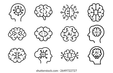 Vector icons depicting artificial intelligence and machine learning concepts with brain and processor elements