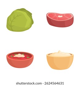 Ícones vetoriais representando um repolho, um bife, uma sopa e um creme azedo isolado no branco