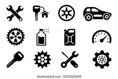 Vector icons depicting car maintenance home keys wheel and automotive repair tools
