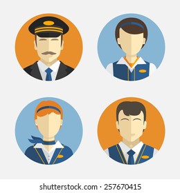 Vector icons depicting different Professions pilots and pretty flight attendant in uniform 