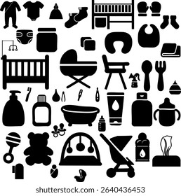 Vector icons depicting essential baby supplies, including bottles, pacifiers, diapers, bibs, baby food, clothing, toys, etc...