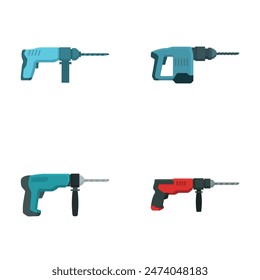 Vector icons depicting four different electric drills in a flat design style