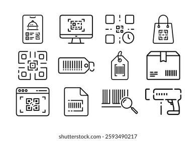 : Vector Icons Depicting QR Codes, Barcodes, and Scanning Technologies