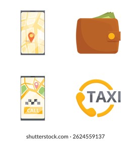 Vector icons depicting a smartphone map, wallet with cash, taxi calling, and taxi service symbol