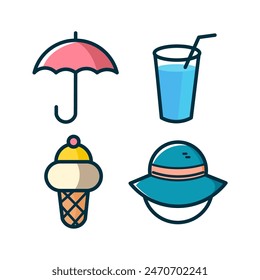 vector icons depicting typical summer elements. Icons are designed in a simple and minimalist style, using lines and basic shapes to represent objects
