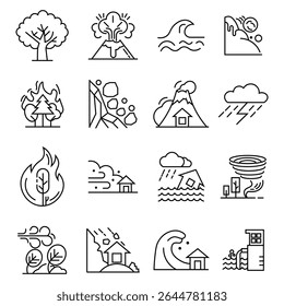 Ícones vetoriais representando vários desastres naturais. Incluindo furacão de seca, tornado, chuva, raios, enchente, fogo, terremoto, tsunami. Ilustração do vetor. do pacote de ícones do estilo da arte de linhas