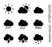 Vector icons depicting various weather conditions: sunny, partly cloudy, cloudy, rain, heavy rain, fog, thunderstorm, and snow. Simple black silhouettes.