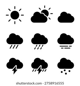 Vector icons depicting various weather conditions: sunny, partly cloudy, cloudy, rain, heavy rain, fog, thunderstorm, and snow. Simple black silhouettes.