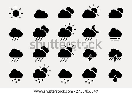 Vector icons depicting various weather conditions: sun, clouds, rain, snow, thunder, and fog. Simple black silhouettes on a white background.
