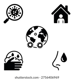 Vector icons depicting virus detection, home isolation, global spread, hand hygiene, and symptomatic illness during a health crisis.
