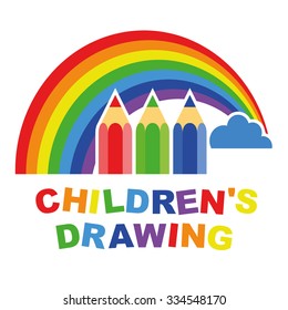 Vector icons for the design of children's drawing. Red, green, blue pencils, a cloud and a rainbow.