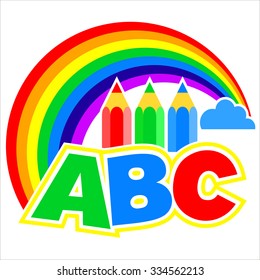 Vector icons for the design of children's drawing. Red, green, blue pencils, a cloud and a rainbow.