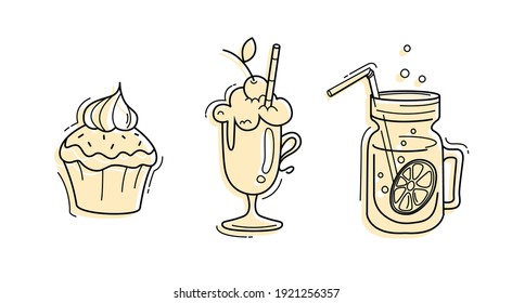 Vector icons for desserts and drinks. For menus and logos in the style of Doodle