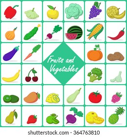 Vector icons of different fruits and vegetables