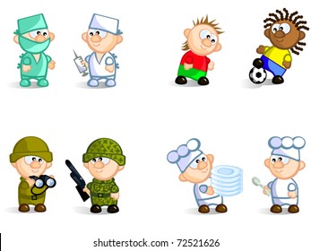 Vector Icons   of different pair of professionals. Football players, doctors, cooks, soldiers.  Isolated.